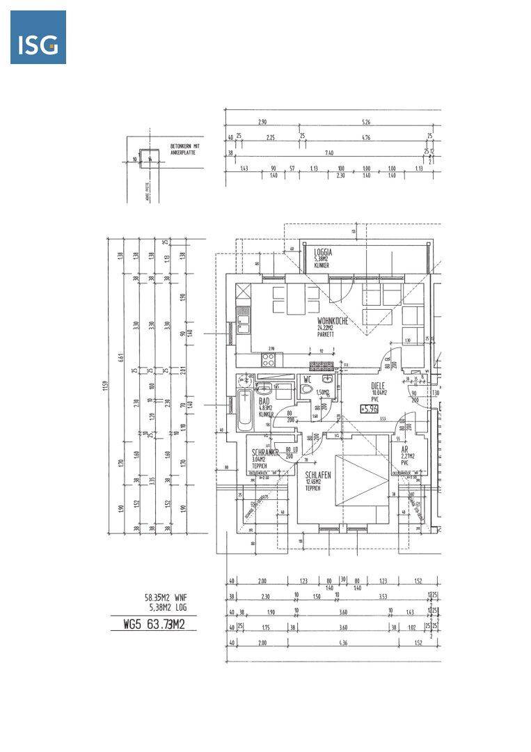 Detaillierter Grundriss einer Wohnung mit offener Wohnküche, Schlafzimmer, Bad und Loggia.