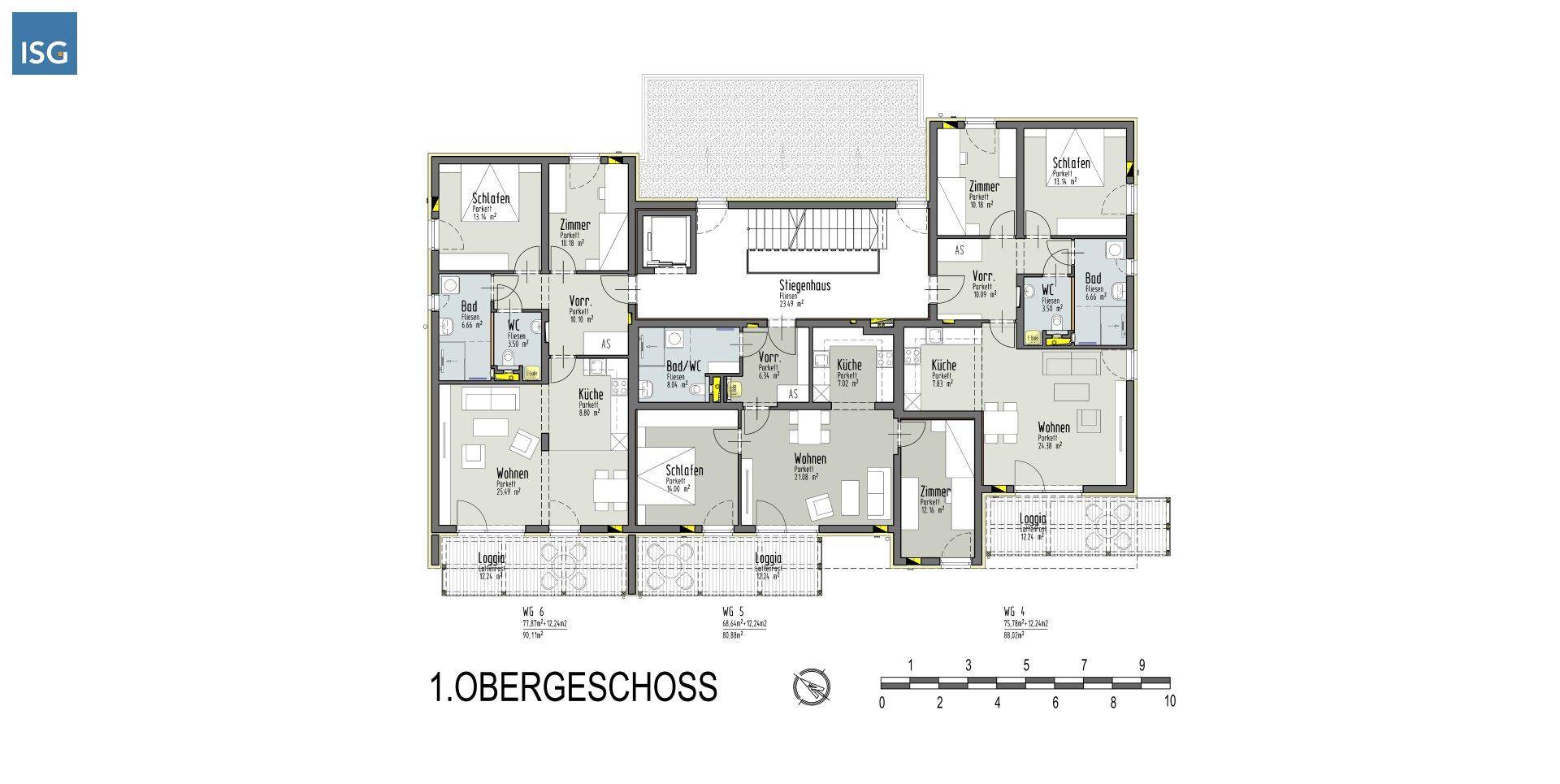 Grundriss des ersten Obergeschosses mit mehreren Wohnungen und Loggien.