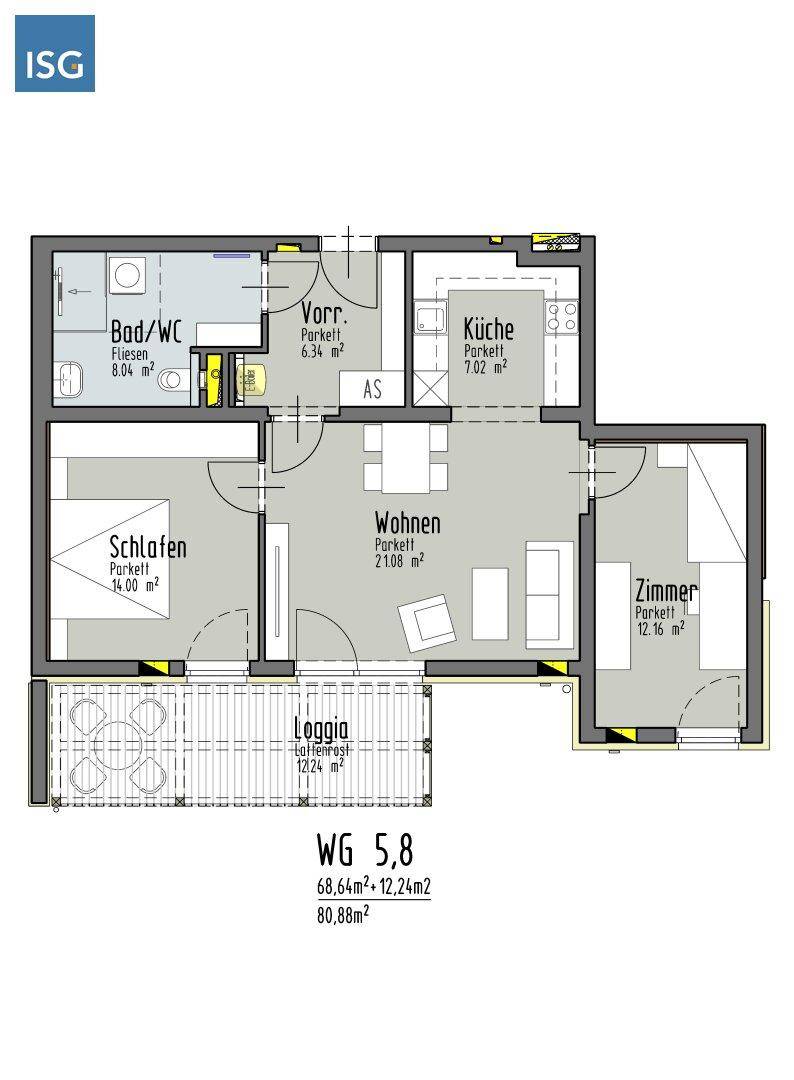 Grundriss einer Wohnung mit Wohnzimmer, Schlafzimmer, Küche und Loggia.