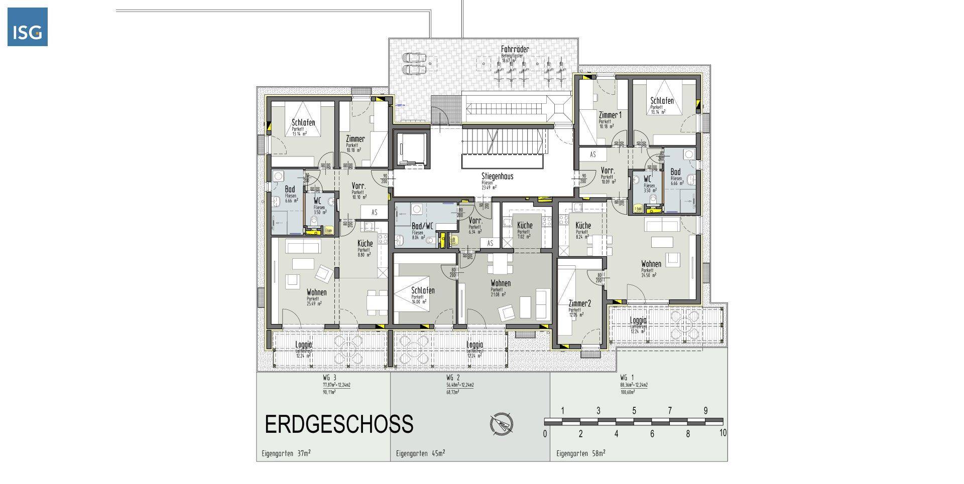 Grundriss des Erdgeschosses mit mehreren Wohneinheiten, Loggien und Gemeinschaftsbereichen.