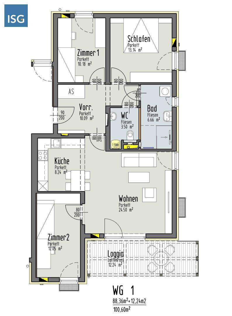 Detaillierter Grundriss der Wohneinheit 1 mit Küche, Wohnzimmer, Schlafzimmern und Loggia.