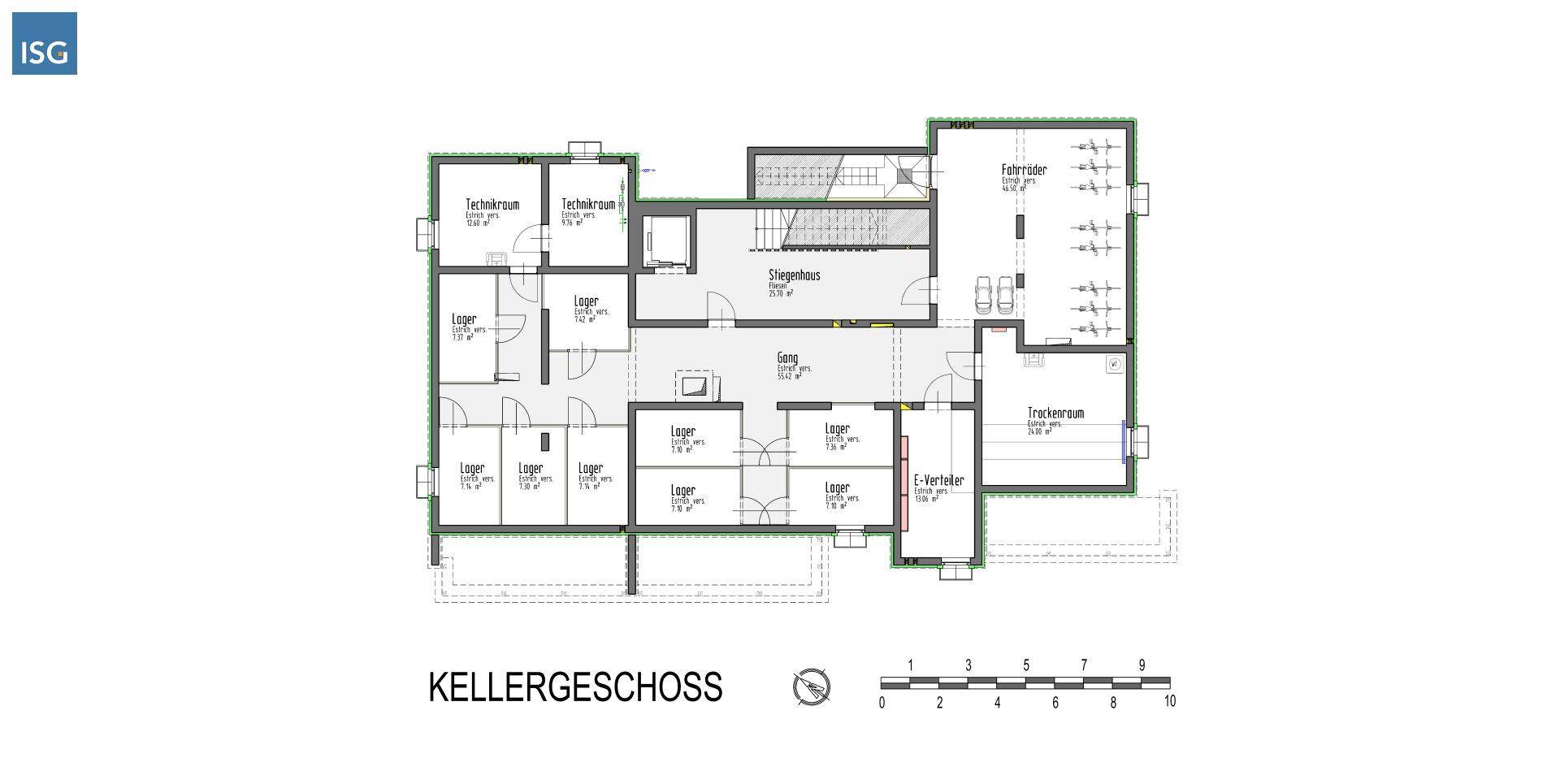 Grundriss des Kellergeschosses mit Abstellräumen, Technikraum und einem Fahrradraum.
