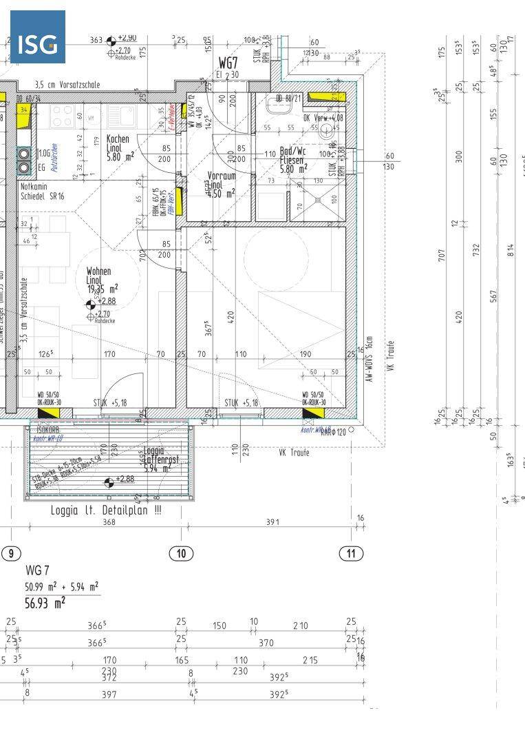 Grundriss einer Wohnung mit offenem Wohnbereich, Küche, Schlafzimmer, Bad und einer Loggia.