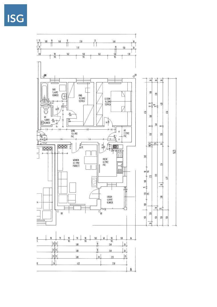 Grundriss einer Wohnung mit offenem Wohnbereich, zwei Schlafzimmern, Bad und separatem WC sowie Balkon.