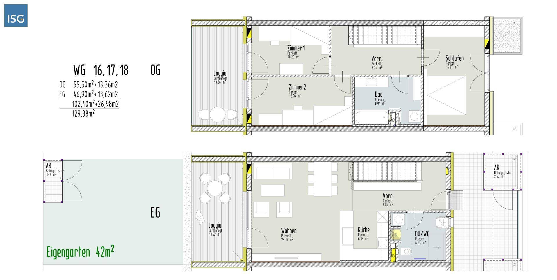Grundriss für eine Maisonette-Wohnung mit Loggia und privatem Gartenbereich im Erd- und Obergeschoss.