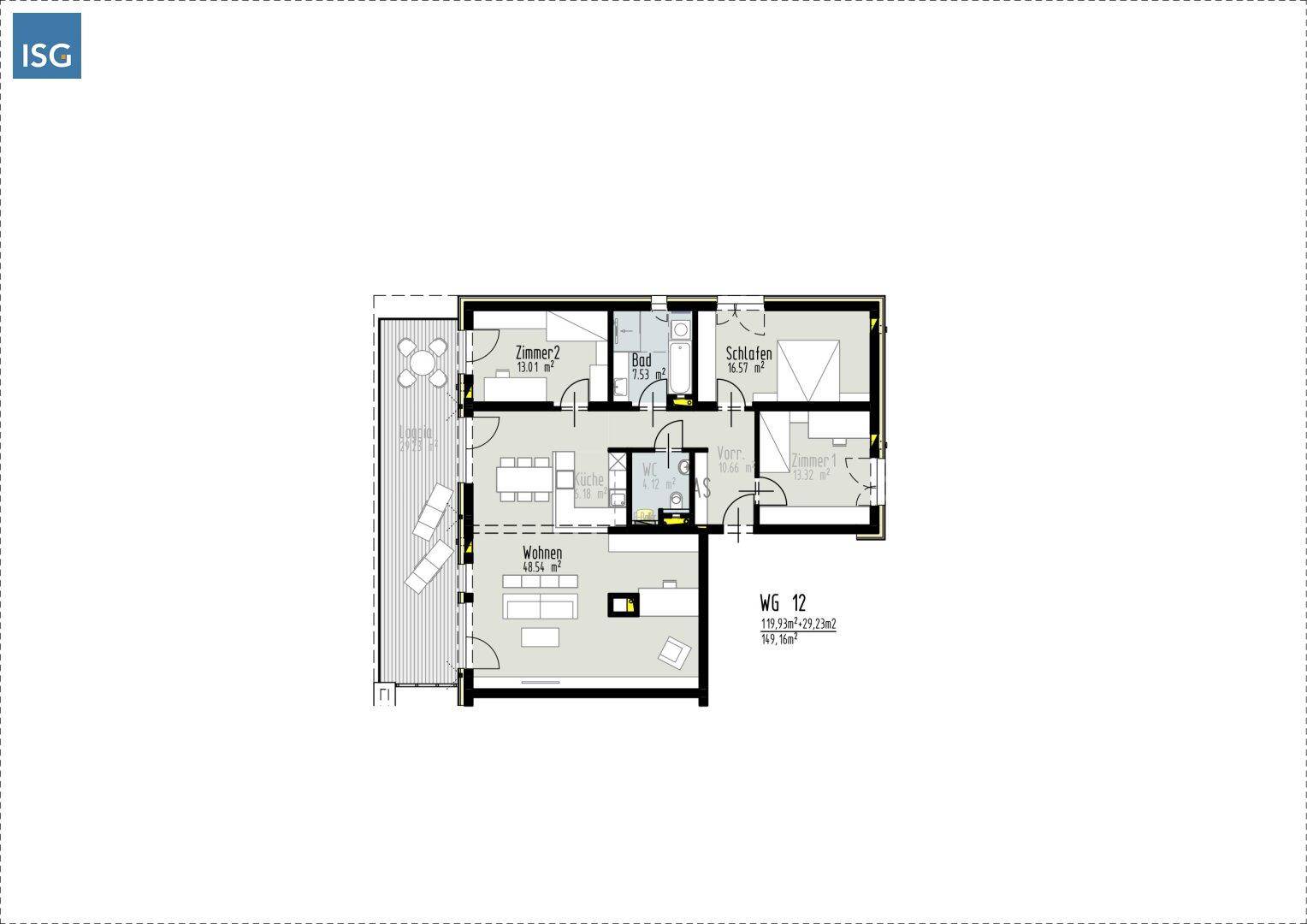 Grundriss einer Wohnung mit zwei Schlafzimmern, offenem Wohnbereich und großem Balkon.