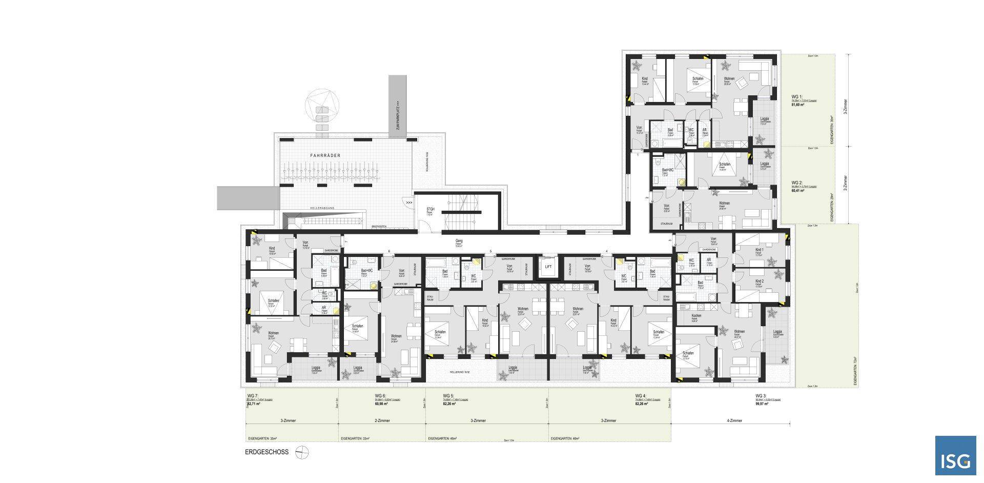 Grundriss des Erdgeschosses mit mehreren Wohneinheiten, Terrassen und Gartenbereichen.