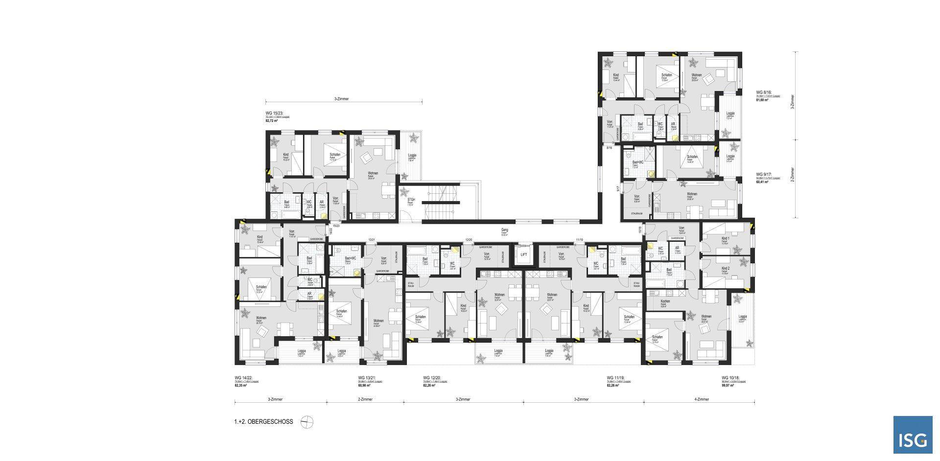 Grundriss der Obergeschosse mit verschiedenen Wohneinheiten und Balkonen.