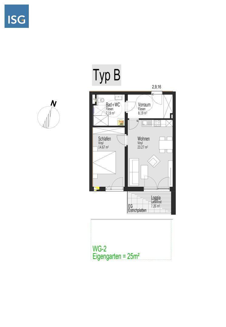 Grundriss Typ B mit Schlafzimmer, Wohnbereich, Bad und Loggia sowie EigenGarten.