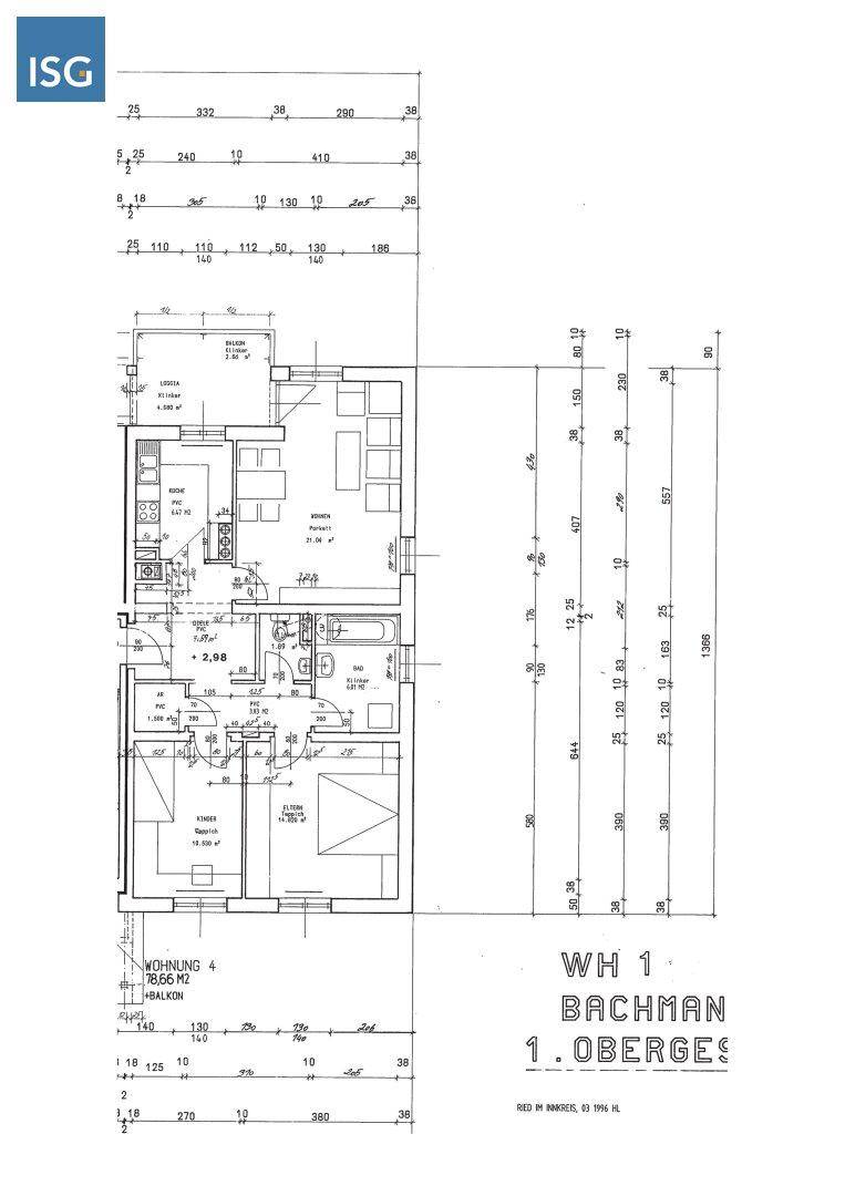 Grundriss einer Wohnung im Obergeschoss mit mehreren Zimmern, Bad, separatem WC und Balkonzugang.