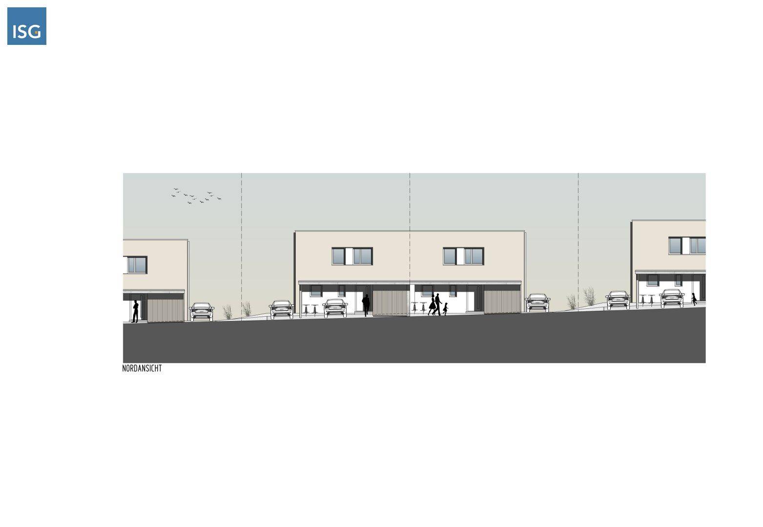 Nordansicht der Reihenhäuser mit Carports und Fenstern, zeigt die Fassadengestaltung.