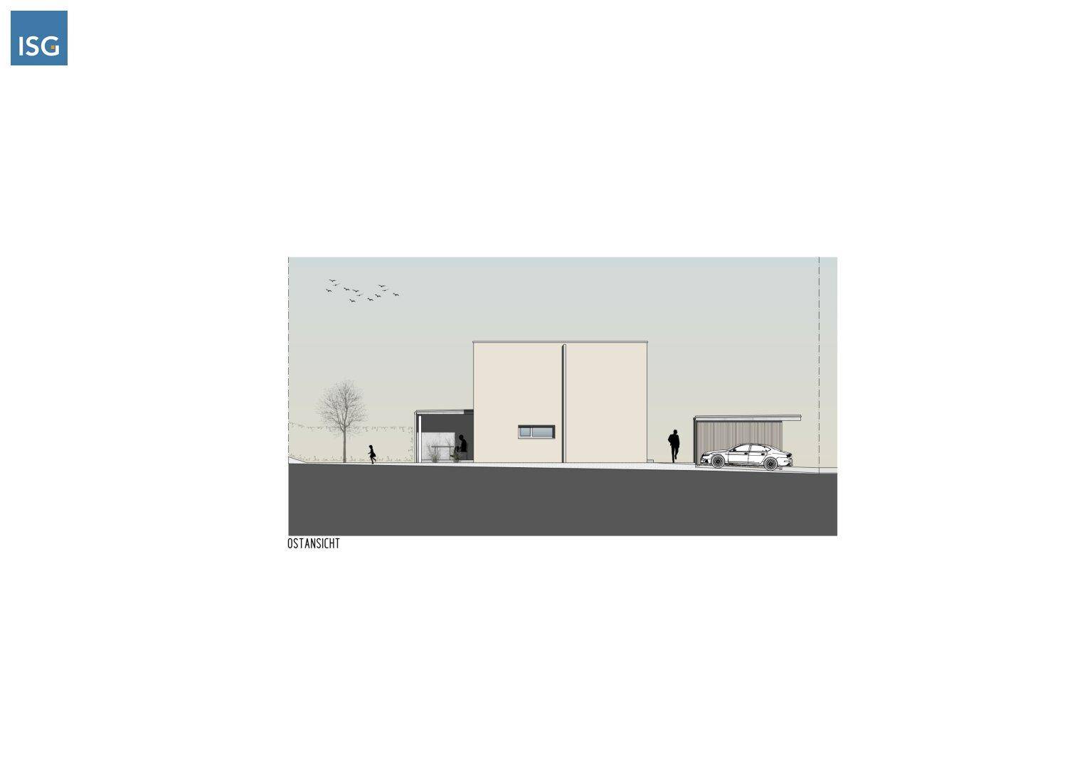 Architektonische Ostansicht eines modernen Hauses mit Carport und minimalistischem Design.