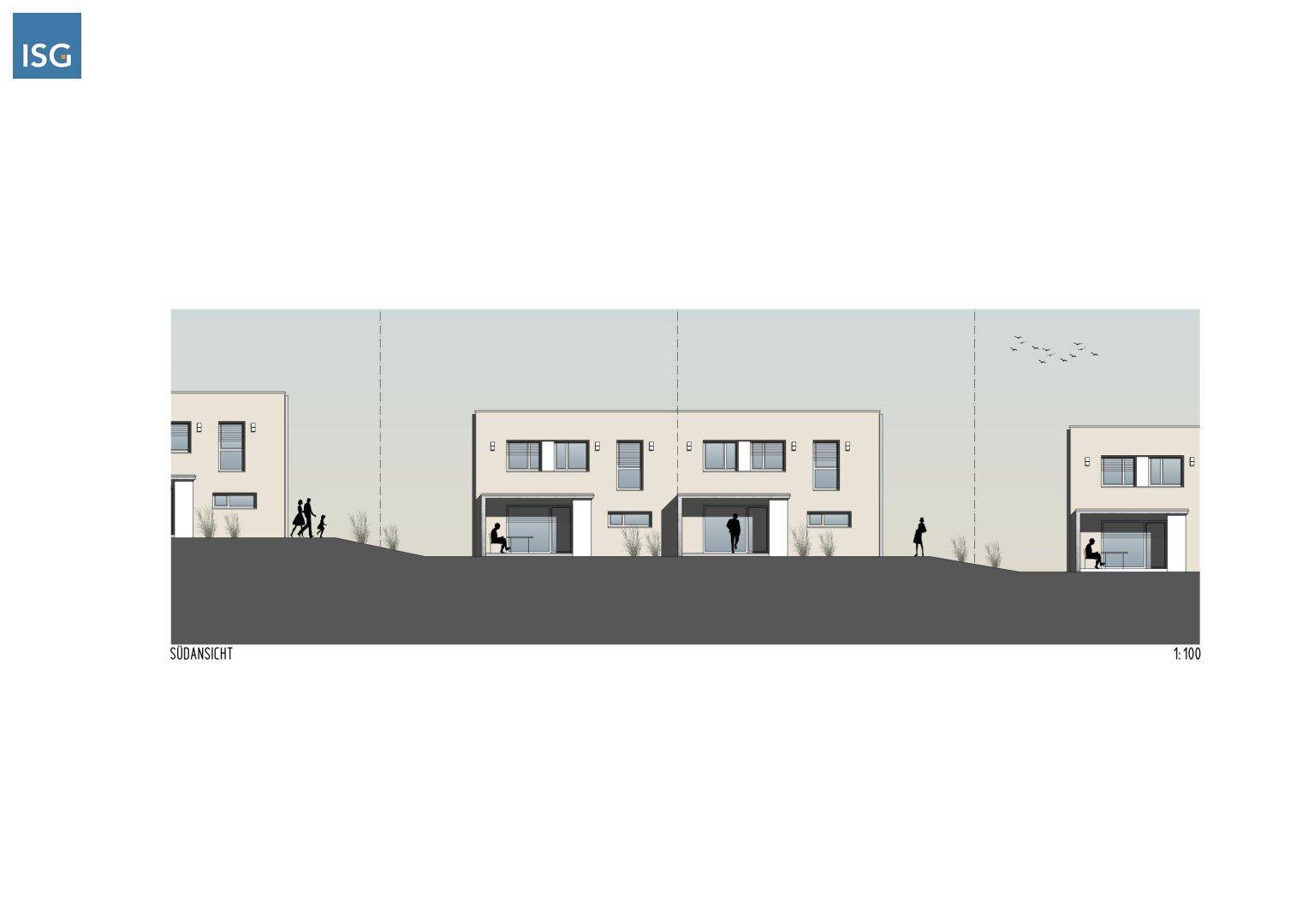 Südansicht der Reihenhäuser mit Terrassen und großen Fensterfronten, zeigt die Gartenseite.