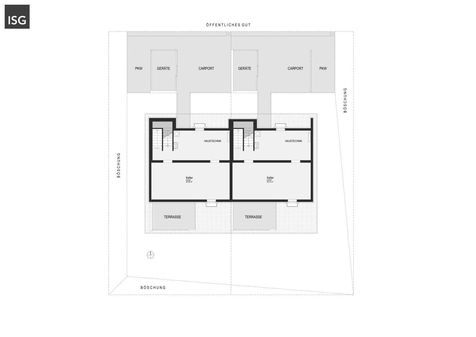Grundriss des Kellergeschosses mit Technikräumen, Kellerräumen und Terrassenzugang.