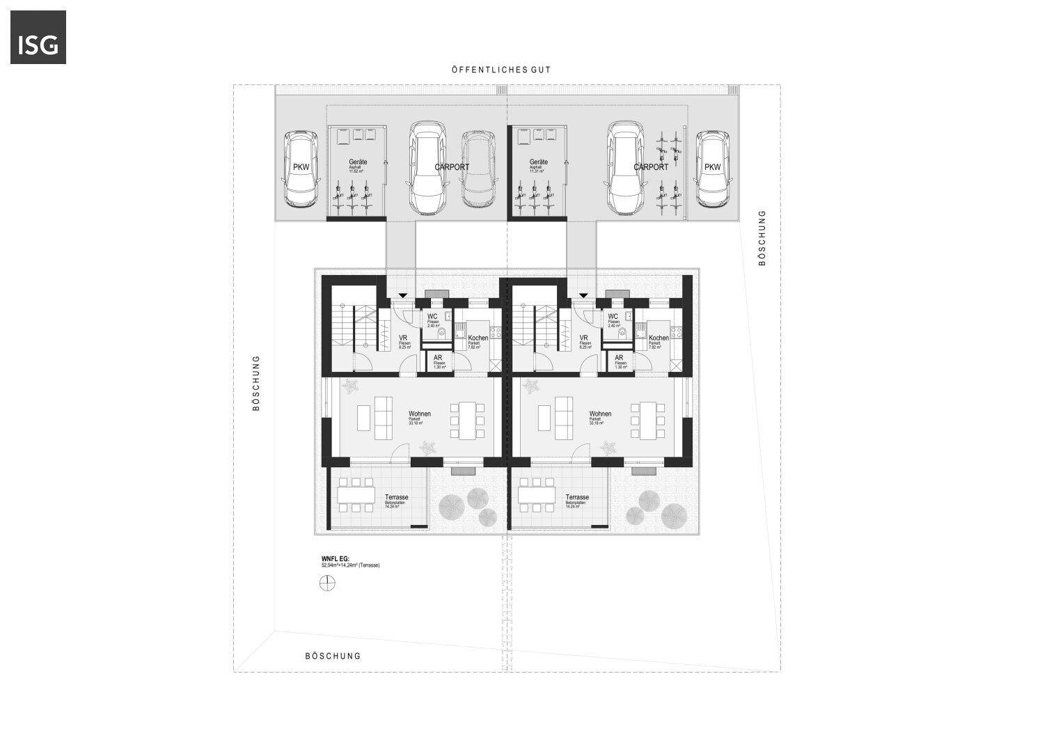 Grundriss des Erdgeschosses mit offenem Wohnbereich, Küche, WC und Terrassenzugang.