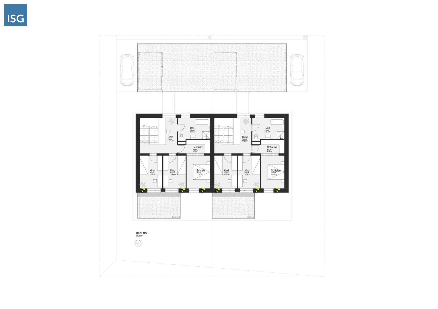 Grundriss des Obergeschosses mit Schlafzimmern, Bädern und Flur, zeigt die Raumaufteilung.
