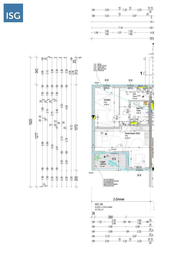 Grundriss einer modernen 2-Zimmer-Wohnung mit offenem Wohn-Essbereich und Loggia.