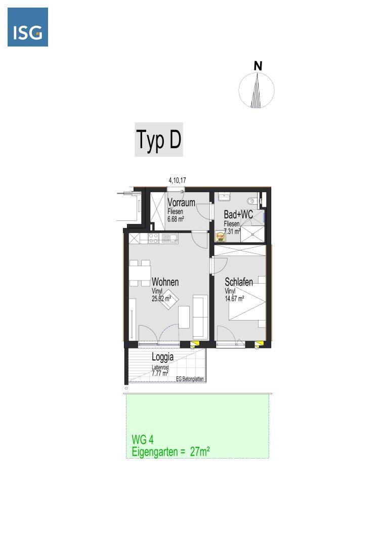 Grundriss Typ D mit Wohn-, Schlafzimmer, Bad und Loggia sowie eigenem Garten.