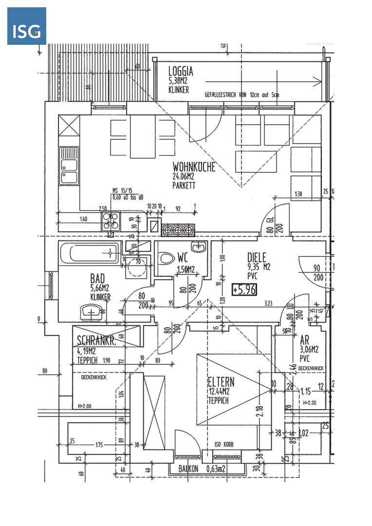 Detaillierter Grundriss einer Wohnung mit Wohnküche, Bad, WC, Loggia und Balkon.