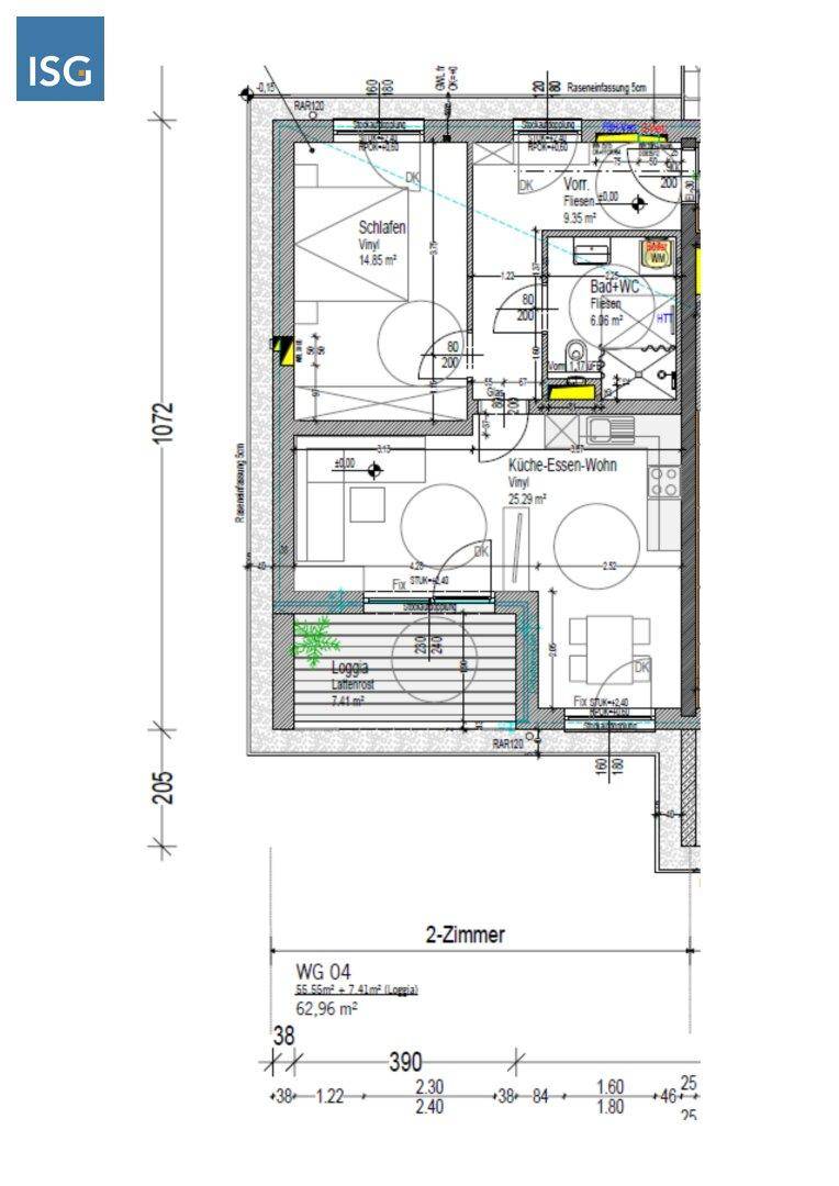 Grundriss einer 2-Zimmer-Wohnung mit offener Küche, Wohnbereich, Schlafzimmer und Loggia.