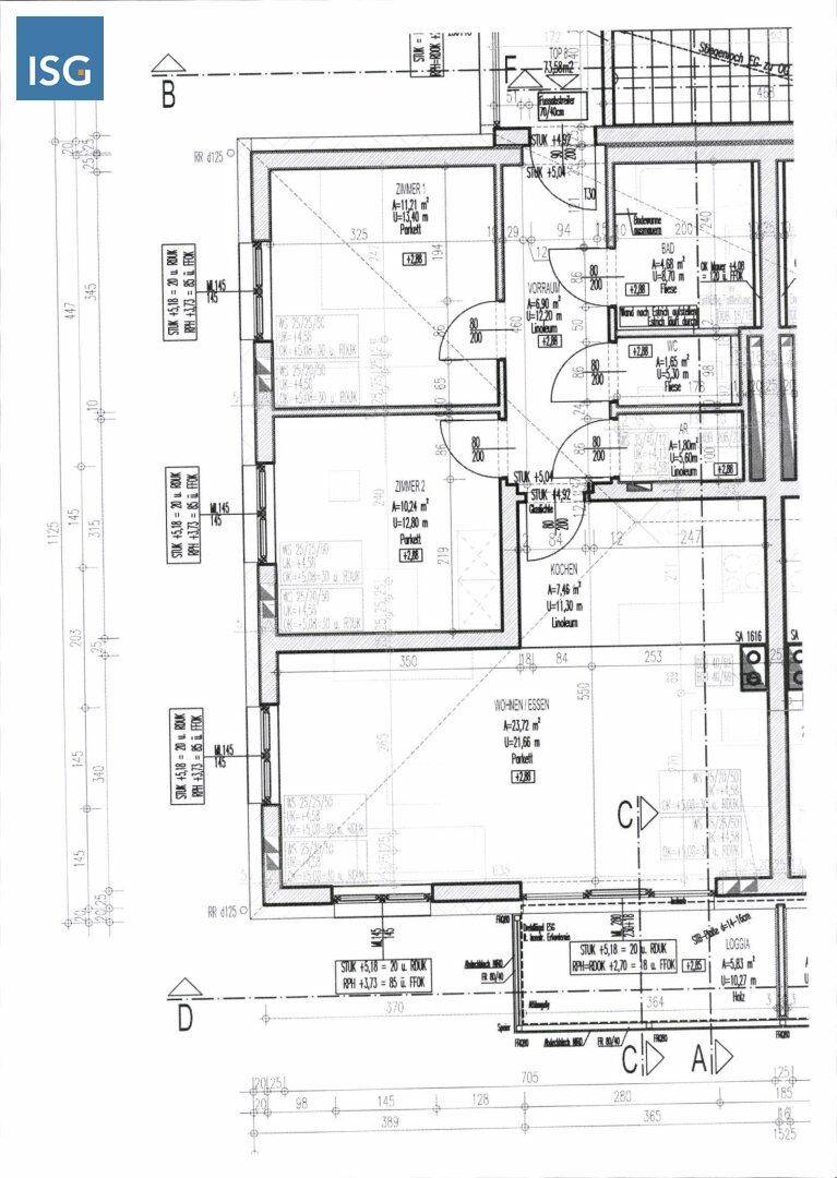 Grundriss einer Wohnung mit mehreren Zimmern, Küche und offenem Wohn-Essbereich.