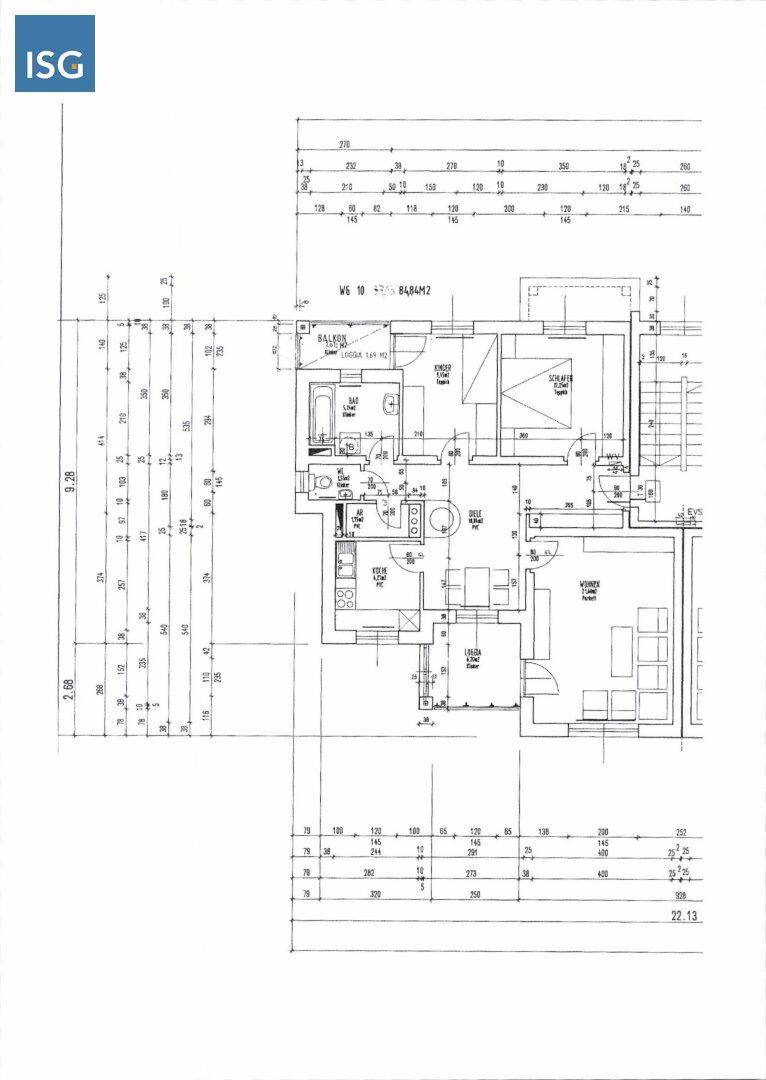 Detaillierter Grundriss einer Wohnung mit Schlafzimmer, Bad und offenem Wohnbereich.