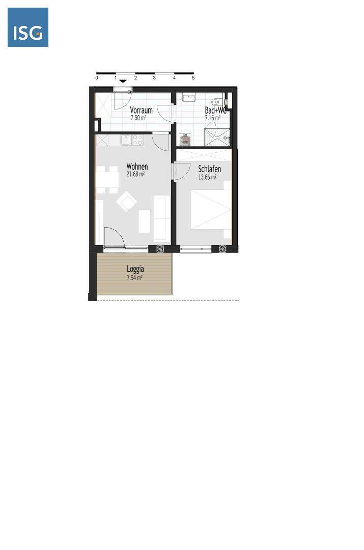 Grundriss einer Wohnung mit Wohnbereich, Schlafzimmer, Bad und einer Loggia.