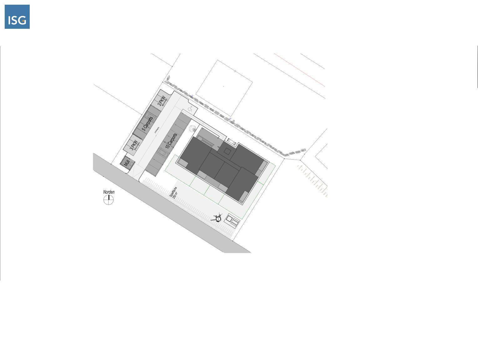 Lageplan des Gebäudes mit Parkplätzen, Carports und der umliegenden Erschließung.