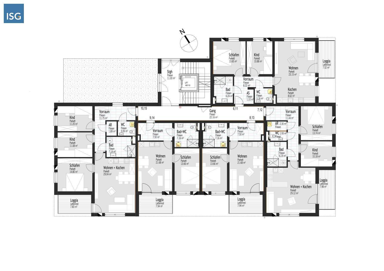 Grundriss eines Obergeschosses mit verschiedenen Wohnungen, Loggien und Bädern.