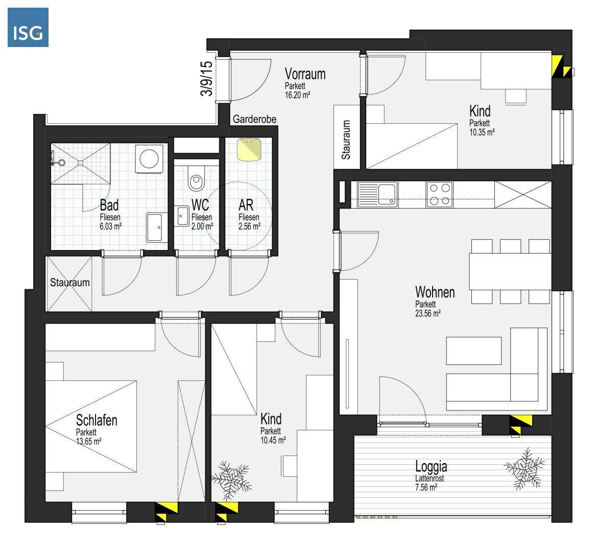 Detaillierter Grundriss einer Wohnung mit Loggia, Schlafzimmern und offenem Wohnbereich.