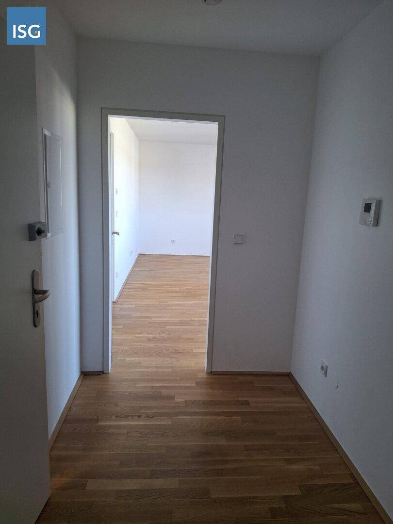 Eingangsbereich mit Parkettboden und offener Tür, die den Blick in einen weiteren Raum freigibt.