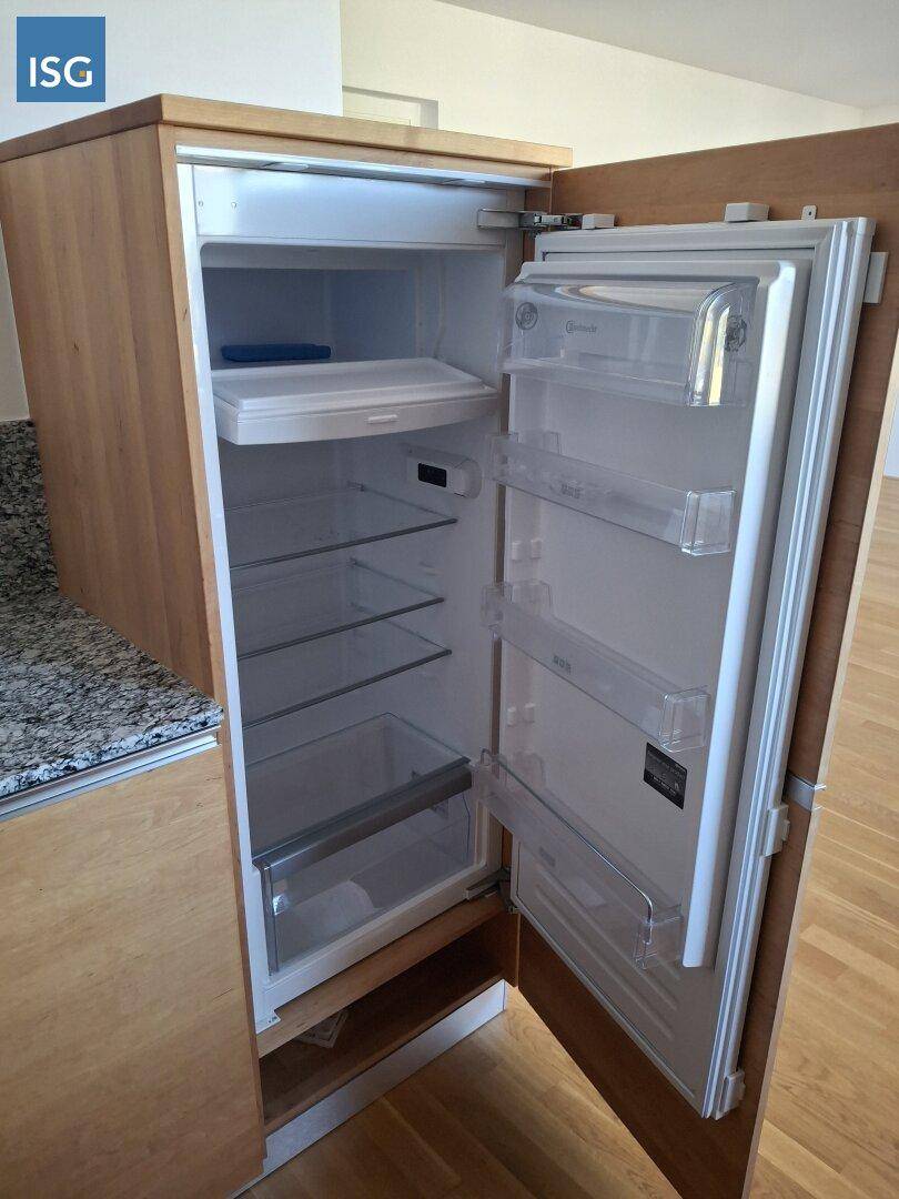 Integrierter Kühlschrank mit Gefrierfach in einer modernen Holzküche.