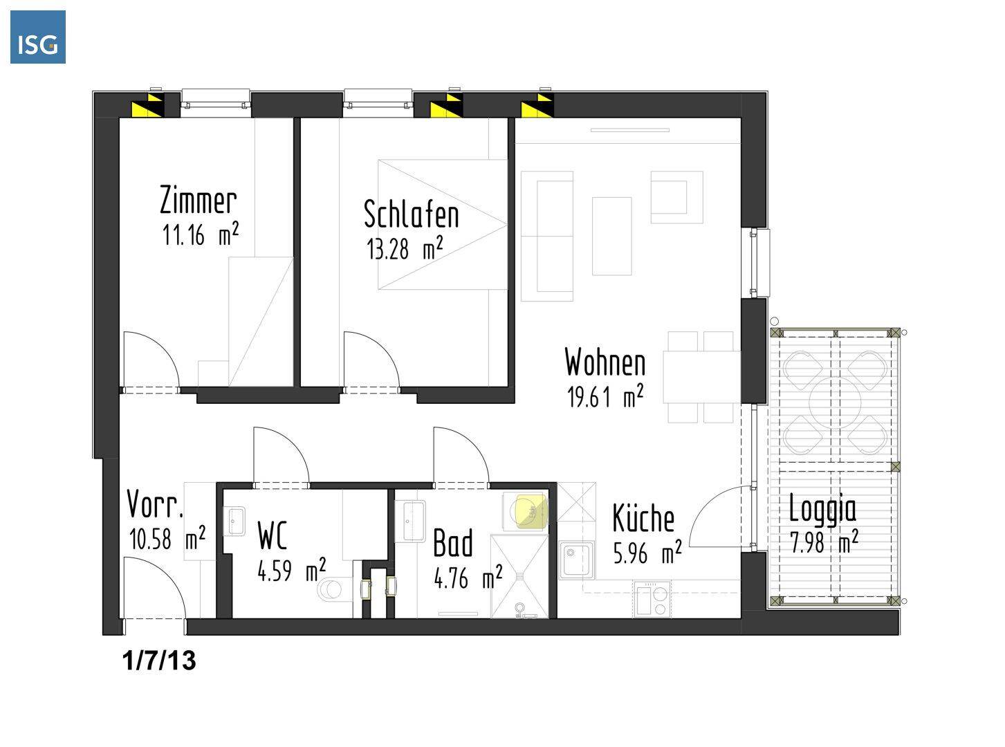Detaillierter Grundriss einer Wohnung mit Zimmern, Bad, WC, Küche und Loggia.