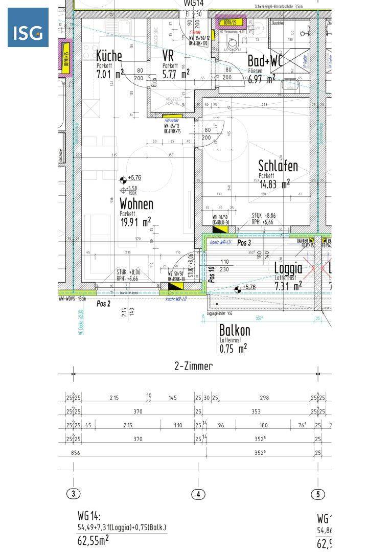 Grundriss einer 2-Zimmer-Wohnung mit Loggia, Balkon und separatem Bad/WC.