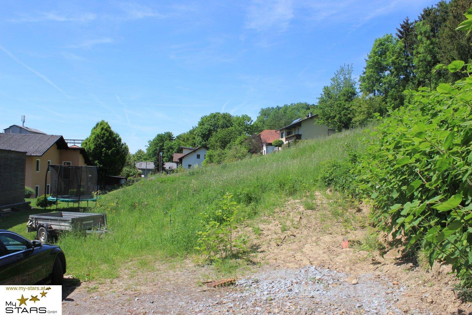 Grüne Hanglage mit Bäumen und Häusern im Hintergrund unter einem klaren blauen Himmel.