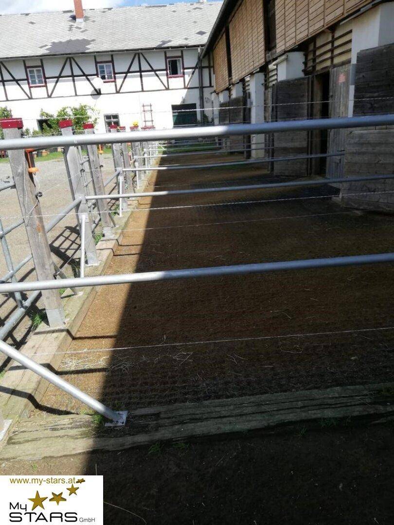 Außenansicht eines Stallgebäudes mit Metallzäunen und einem traditionellen Fachwerkhaus im Hintergrund.