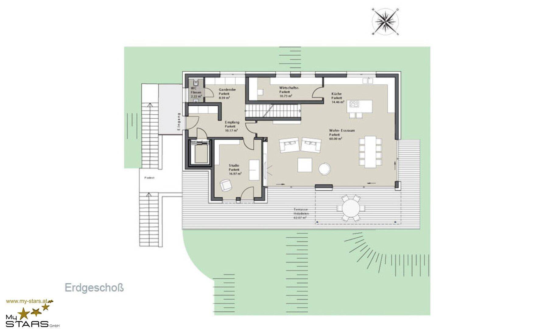 Grundriss des Erdgeschosses mit offenem Wohnbereich, Küche, Insel und großer Terrasse.