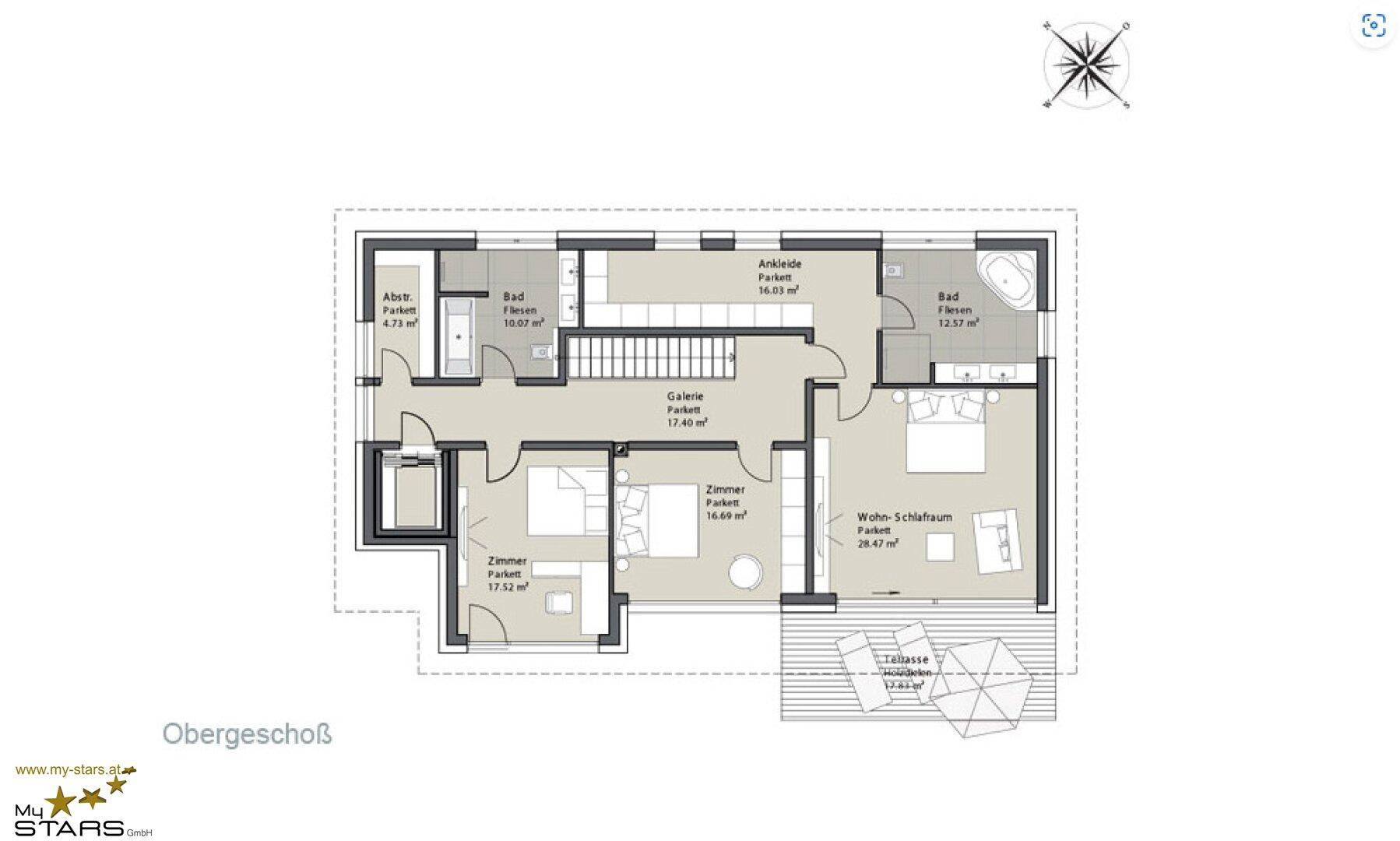 Grundriss des Obergeschosses mit Schlafzimmern, Bädern, Ankleide und einer Terrasse.