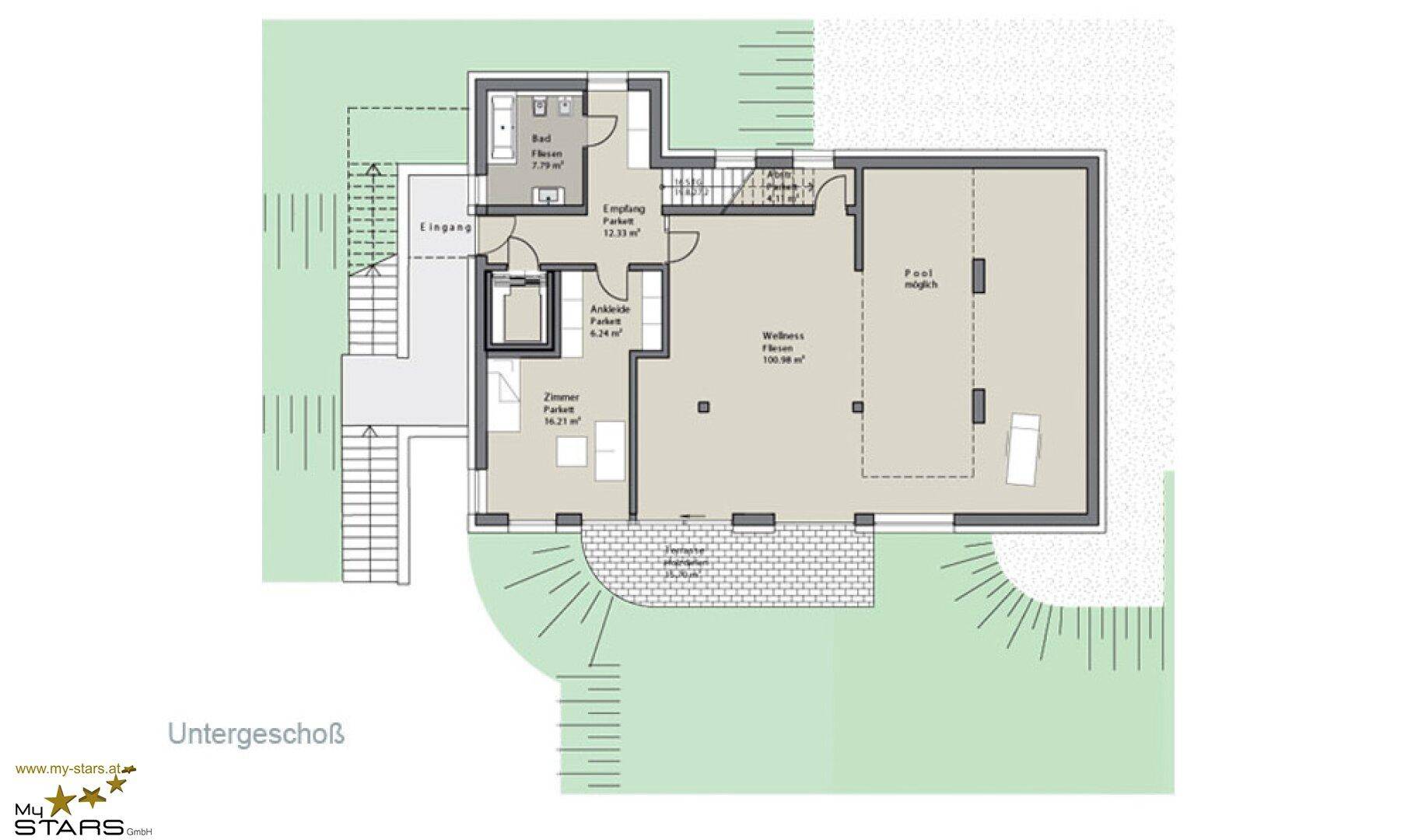 Grundriss des Untergeschosses mit Wellnessbereich, Zimmer, Ankleide und Eingangsbereich.