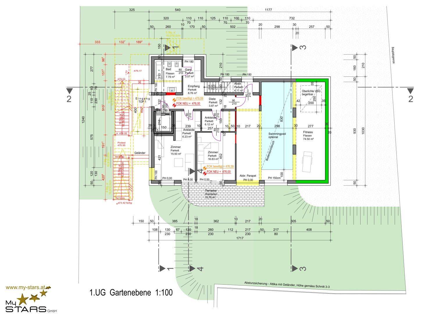 Detaillierter Grundriss der Gartenebene mit Pool, Zimmern und Außenanlagen.