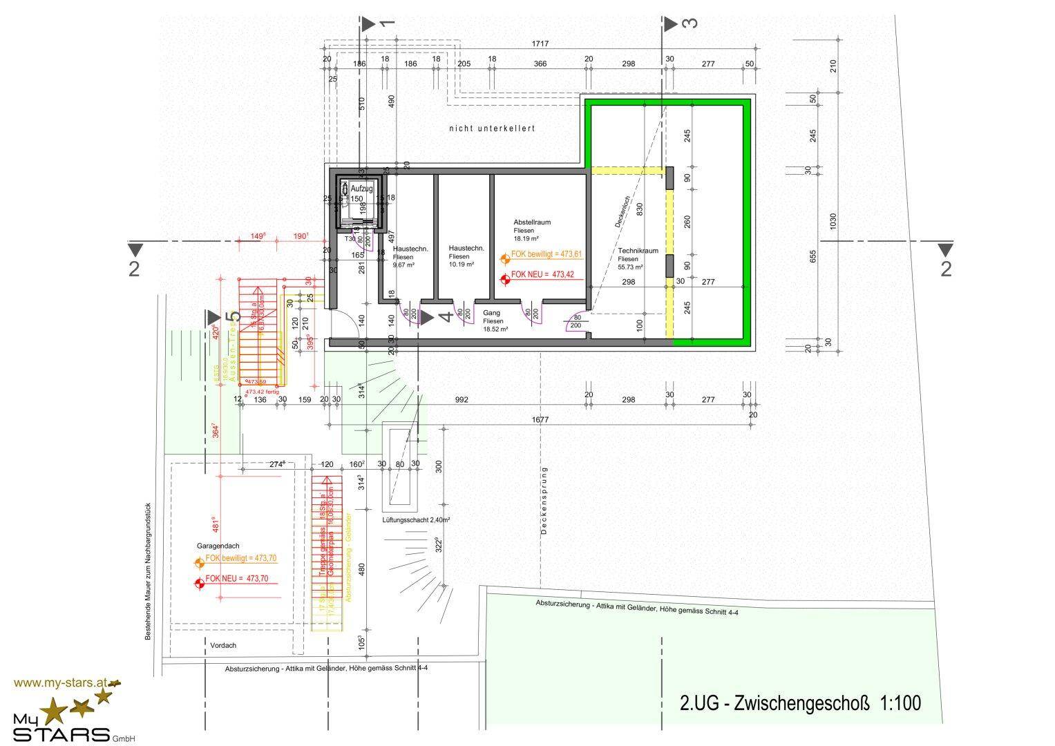 Detaillierter Grundriss des Zwischengeschosses mit Abstellräumen und Technik.
