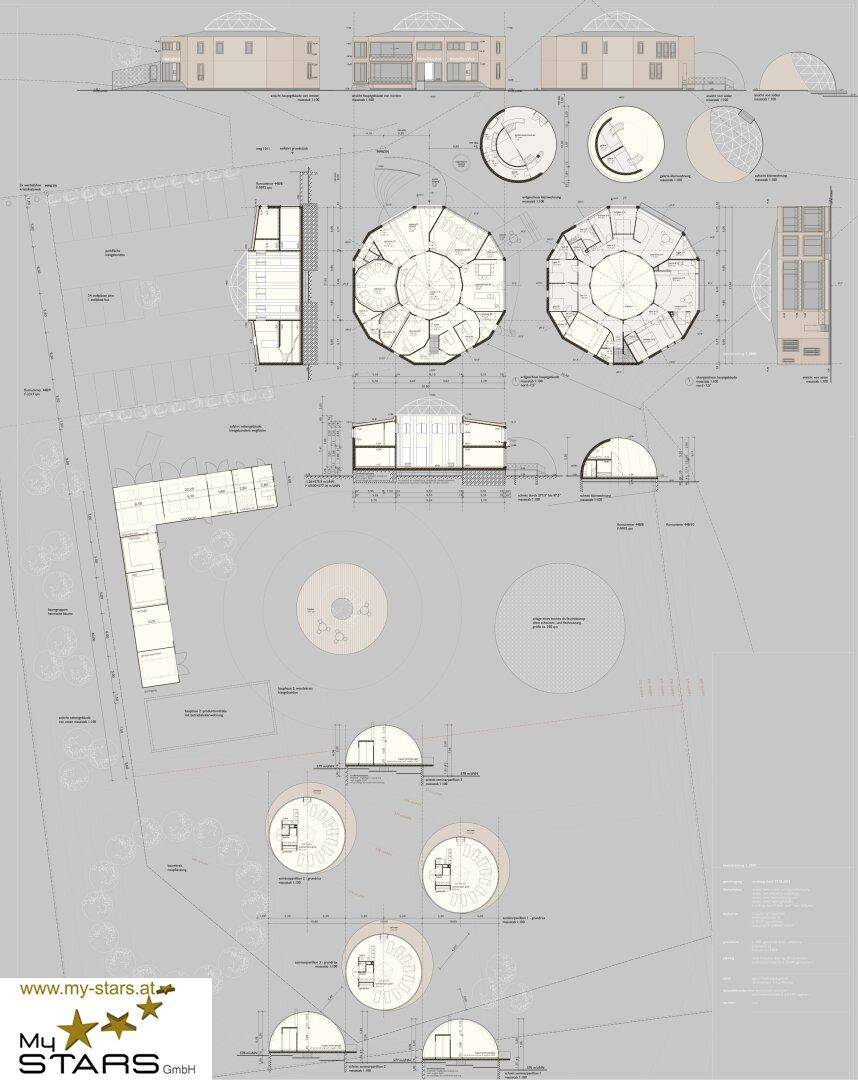 Detaillierte architektonische Pläne mit verschiedenen Grundrissen und Schnitten des Gebäudekomplexes.