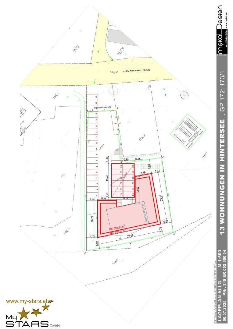 Lageplan des Grundstücks mit eingezeichnetem Gebäudegrundriss und Zufahrtswegen.