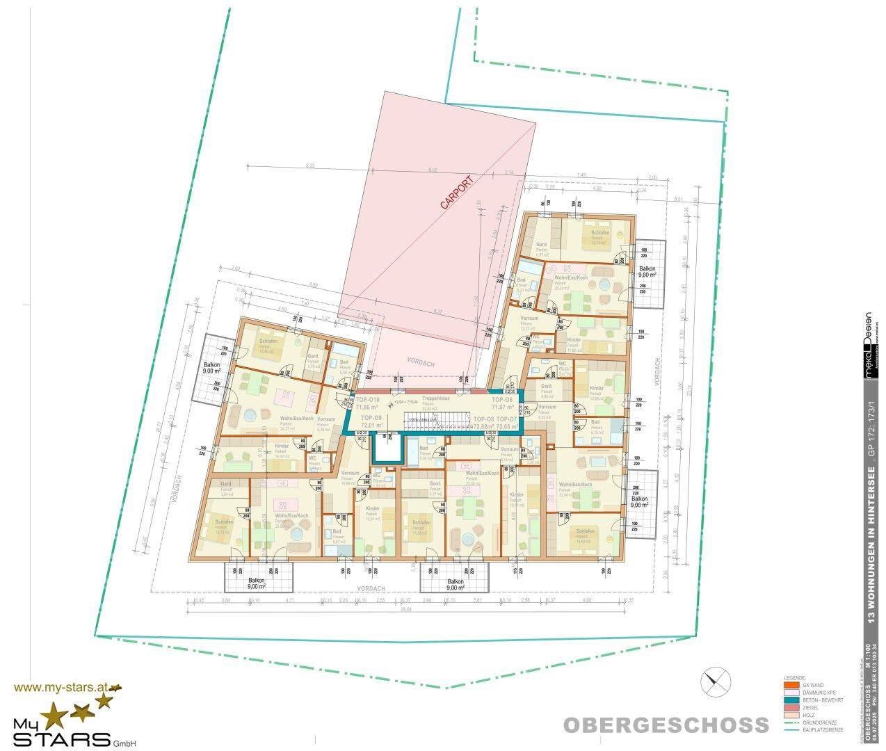 Grundriss des Obergeschosses mit mehreren Wohneinheiten und Balkonzugängen.