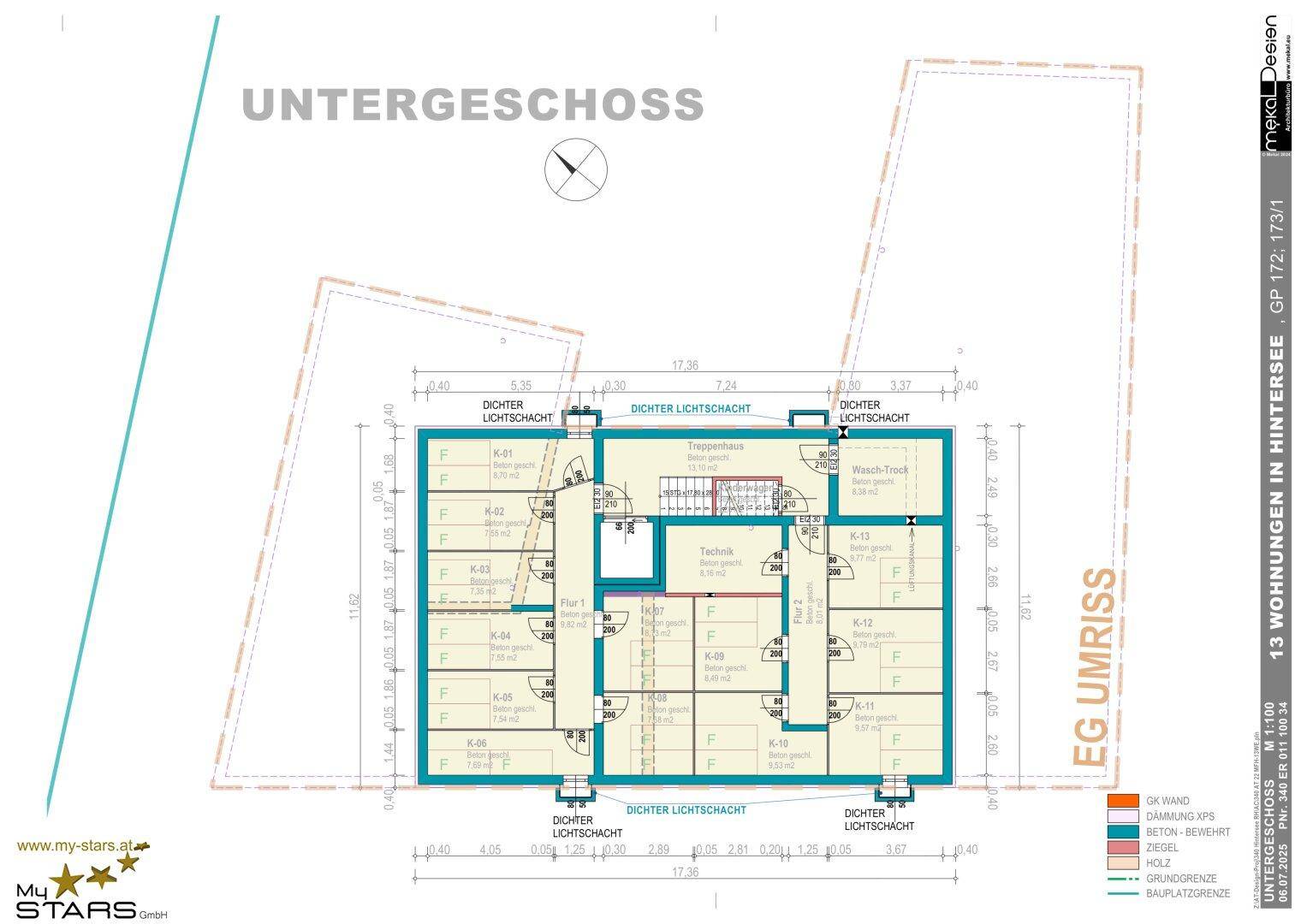Grundriss des Untergeschosses mit Abstellräumen, Technikbereichen und Lichtschächten.