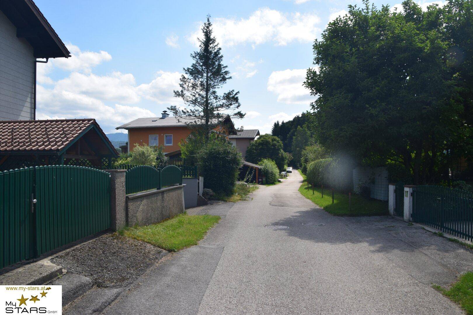 Ruhige Wohnstraße mit Einfamilienhäusern und viel Grün in ländlicher Umgebung.