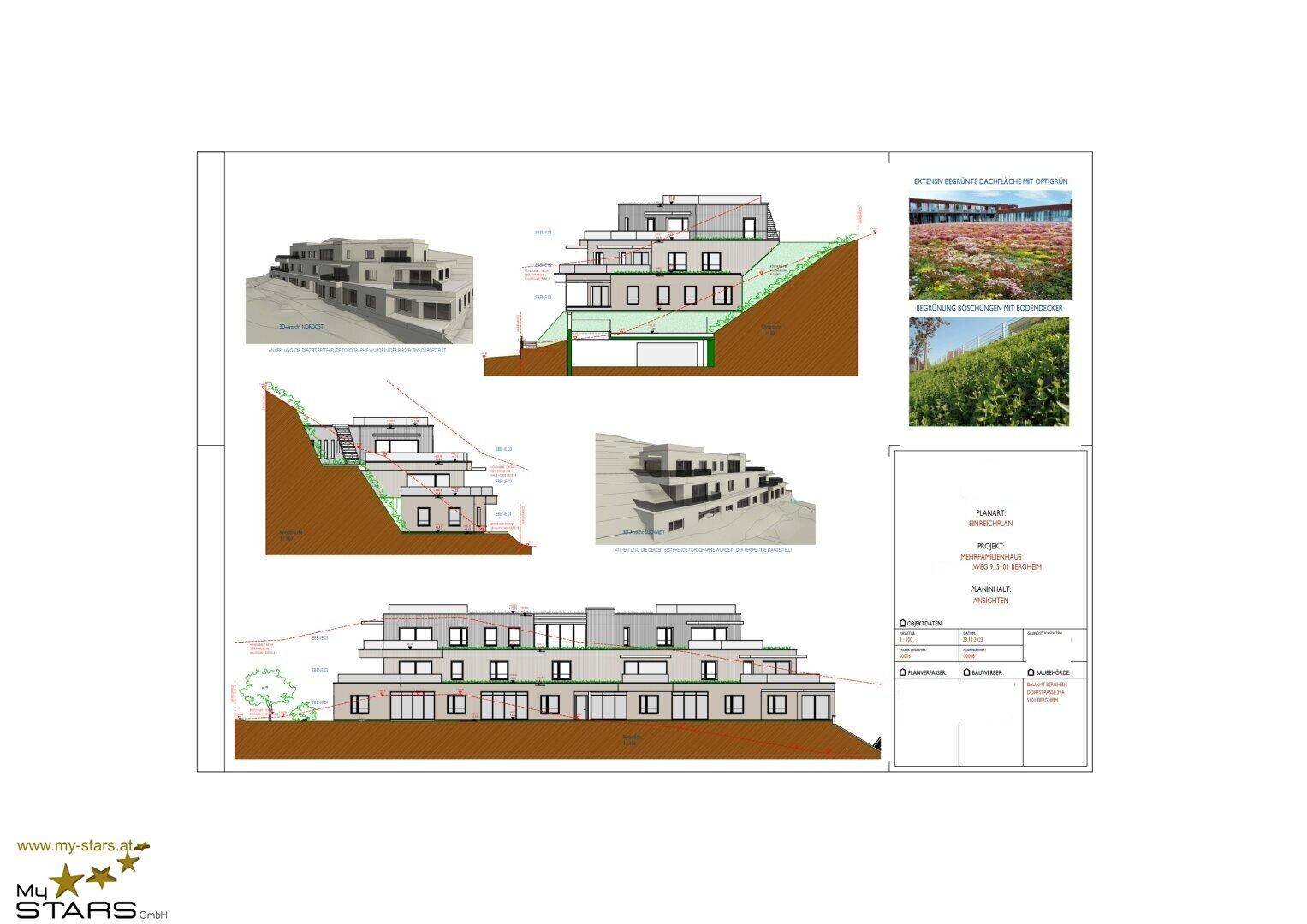 Architekturpläne zeigen verschiedene Ansichten eines modernen Gebäudes mit Terrassen und Balkonen.
