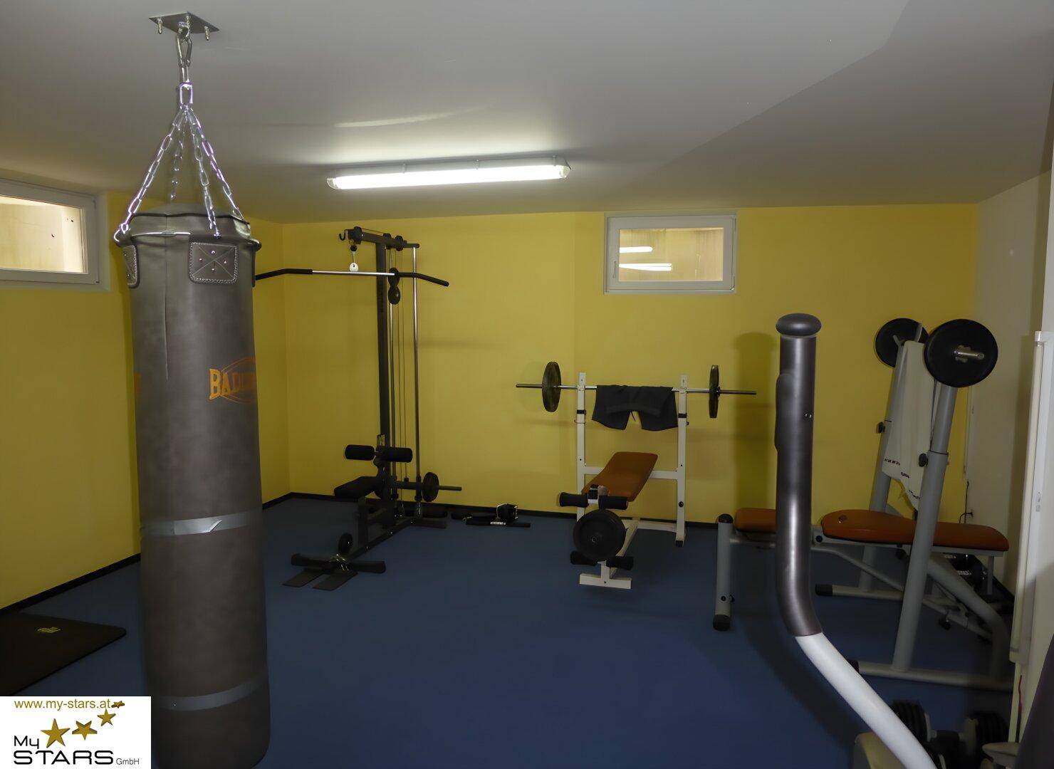 Geräumiger Fitnessraum im Untergeschoss mit verschiedenen Trainingsgeräten und Boxsack.
