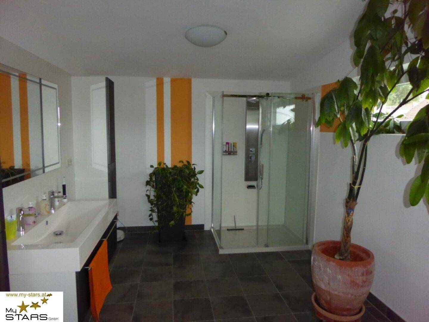 Geräumiges Badezimmer mit moderner Duschkabine, großem Waschbecken und dunklen Fliesen.