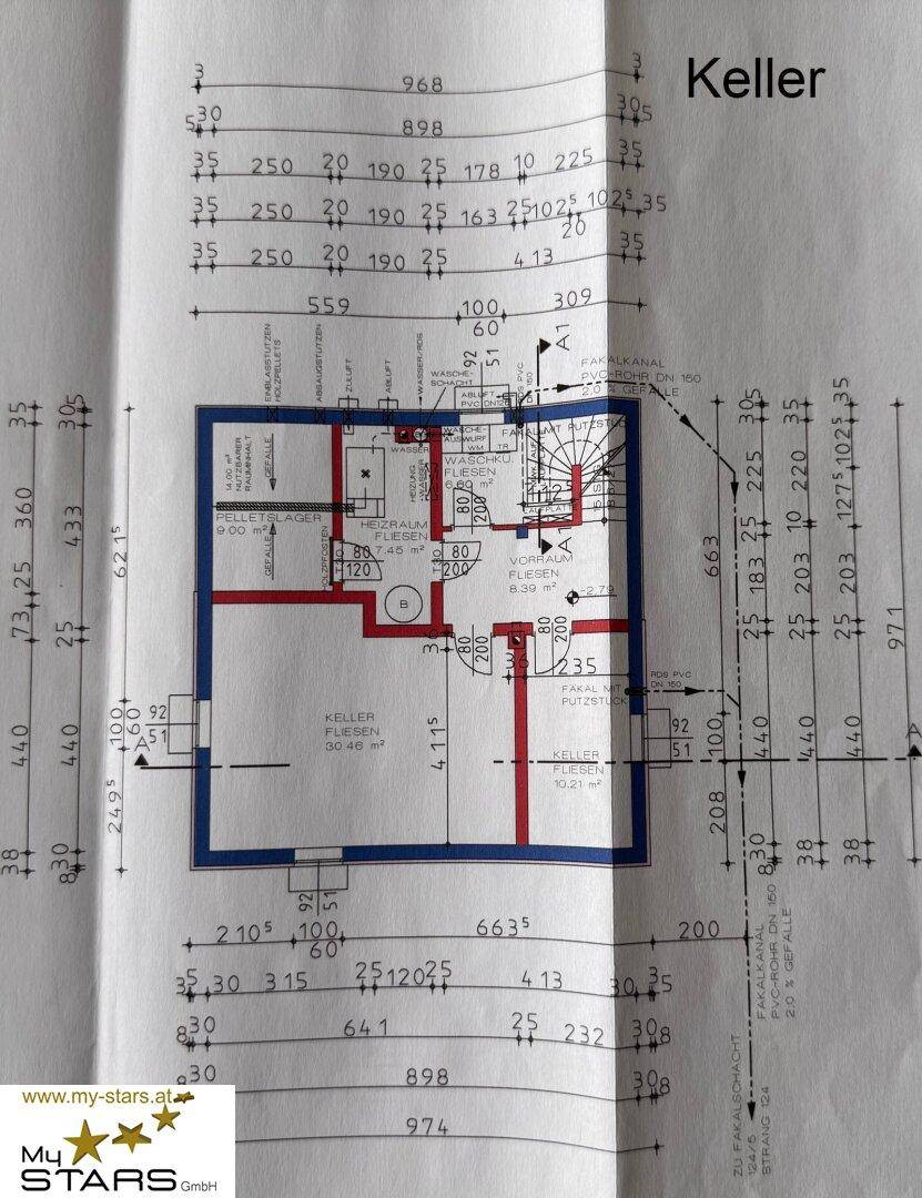 Grundrissplan des Kellers mit verschiedenen Räumen und Maßangaben.